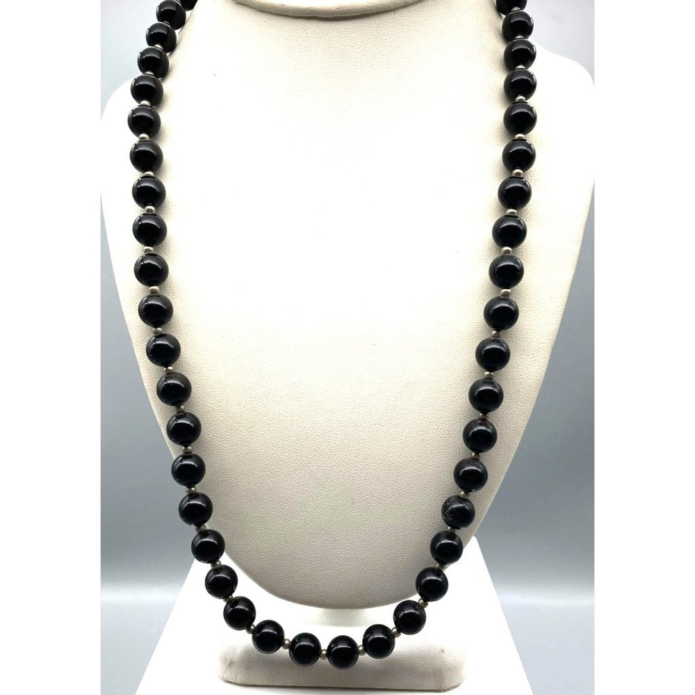 Classic Vintage Lucite Beaded Necklace, Chic Black Strand with Silver Bead Space